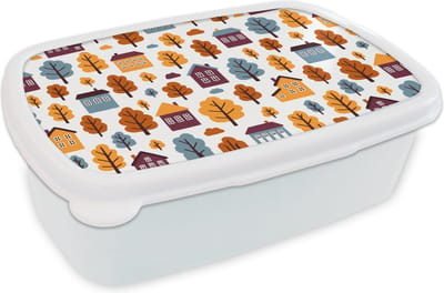 Broodtrommel Wit - Lunchbox - Brooddoos - Patronen - Huis - Bomen - 18x12x6 cm - Volwassenen