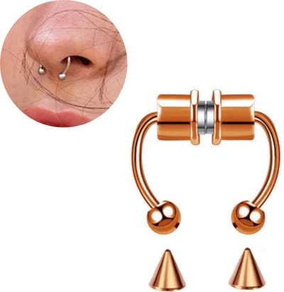 Fake Neuspiercing Rose Goud - Magnetisch - 4 Verwisselbare Opzetstukjes - Neusring - Nep Septum Piercing - Ringetje Rose Goud Kleurig - RVS Roestvrij Staal
