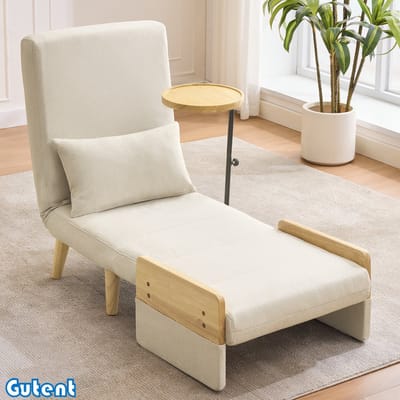 Gutent Fauteuil - met slaapfunctie - 3 in 1 omvormbaar - met houten dienblad - gestoffeerd opvouwbaar - Beige