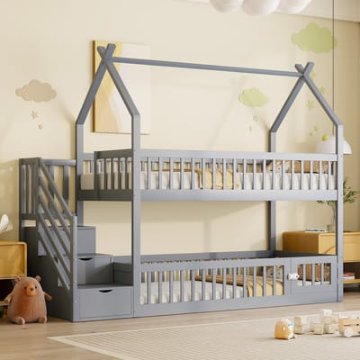 Stapelbed - 90x200 cm - Met Dak En Veiligheidstrap - Met Opberglades - Massief Hout - Grijs