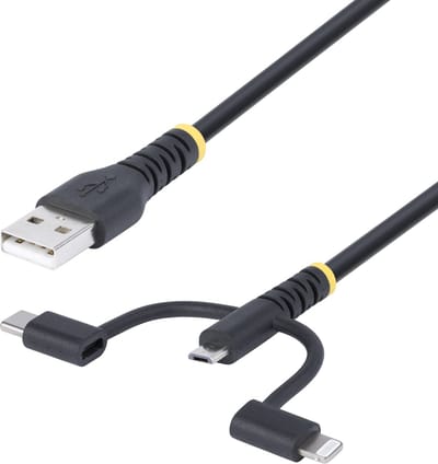 StarTech.com 1m Robuuste USB Multi Oplaadkabel, USB naar Lightning/Micro-USB/Type-C, Apple MFi Gecertificeerd, Aramide Mantel, Universele 3-in-1 USB Laadkabel voor iPhone/iPad/Android