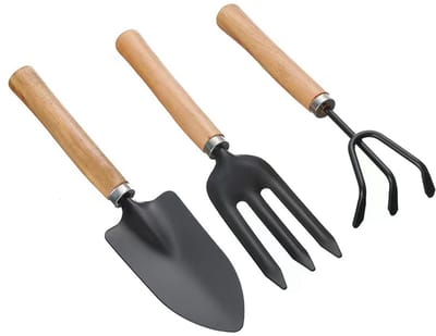 JHUBERS- Tuinieren Tool Set Mini - 2x Hark/Spade/Schep - Lichtgewicht - Roestvrij Staal - Massief Houten Handvat - Voor Indoor/Outdoor Gebruik - Tuingereedschap