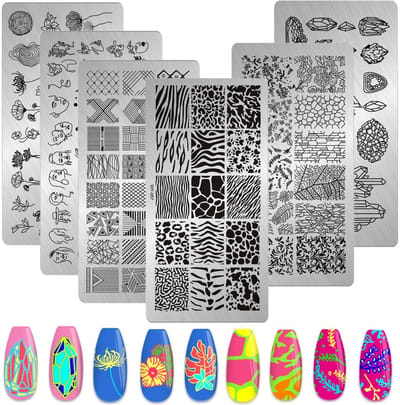 Dailygoods- Nagelstempel 6 Stuks - Nagelstempelplaat - Luipaardpatroon/Geometrie/Bloem/Blad - Roestvrij Staal - Manicure-gereedschapsset - 12 cm x 6 cm - Nailart Platen