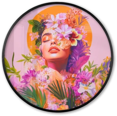 Poster in lijst Rond - Fotolijst 60x60 cm - Posters - Vrouw - Abstract - Cirkel - Bloemen - Ronde posterlijst zwart - Decoratie - Wanddecoratie woonkamer - Muurdecoratie slaapkamer