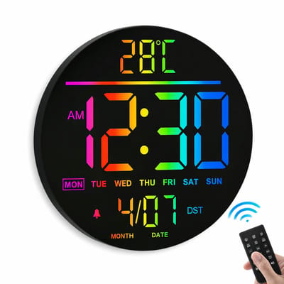 Digitale Klok Wandklok LED – Moderne 10 Inch Ronde LED Wandklok met Grote Cijfers, RGB Verlichting, Temperatuurweergave, Datum, 12/24 Uur, DST Functie en Automatische Helderheid - DigitalKlok – Inclusief Afstandsbediening