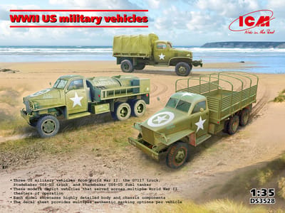 ICM Modelbouwpakket Militaire voertuigen - DS3528 Amerikaanse Militaire Vrachtwagens WWII - 3 Stuks - G7117 + Studebaker US6-U3 + US6-U5 Plastic - 1:35 - Modelbouw