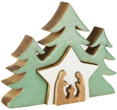 Dekoratief | Kerststal puzzel, groen/wit/naturel, hout/email, 25x4x20cm | A258004