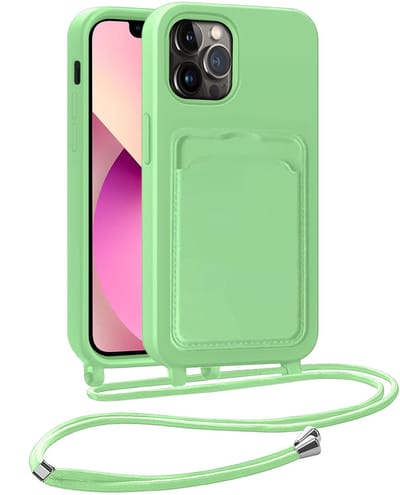 Hoesje Geschikt voor iPhone 13 Pro Telefoonhoesje Met Koord Case Pashouder Siliconen - Hoes Geschikt voor iPhone 13 Pro Hoesje Met Kaarthouder - Groen