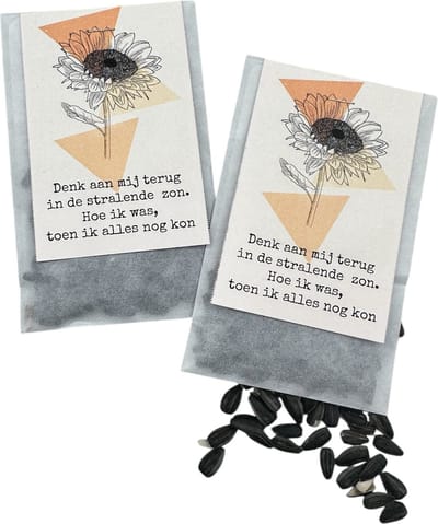 10 stuks, Denk aan mij terug in de stralende zon. Hoe ik was toen ik alles nog kon, zonnebloemen,bedankjes na overlijden, rouwbedankjes, bedankjes, bedankjes condoleren,troost,