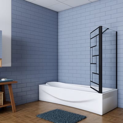 Aica Industriële Badwand 80x75x140cm -Draaibaar 6mm Zwart Gehard Glas met Onregelmatig Blokpatroon-Mat Zwart Frame-Eenvoudige Montage