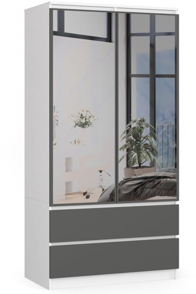 Kledingkast S90 met Spiegel 2 Deuren en 2 Lades / AKORD Furniture Factory / Wit - Grafietgrijs / 90 x 180 x 51 cm