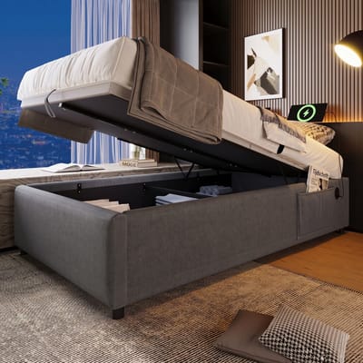 VVBV Gestoffeerd Opbergbed 90x200 cm - USB-C, Hydraulische Opbergruimte, Lattenbodem, Massief Hout, Metaalframe, Zonder Matras