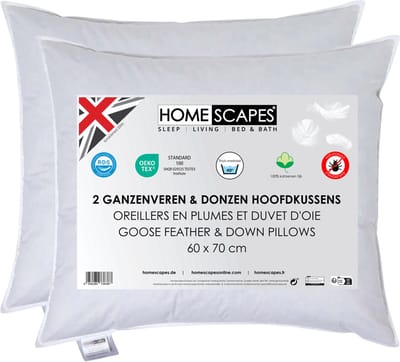 Homescapes Hoofdkussens 60x70 cm – Set van 2 – Medium Zacht – Ganzenveren & Dons – Anti-Allergisch – Voor Zijslaper & Nekklachten – OEKO‑TEX®, RDS Gecertificeerd