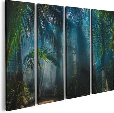 Artaza Canvas Schilderij Vierluik Dichtbegroeide Jungle Met Zonnestralen  - 80x60 - Foto Op Canvas - Canvas Print