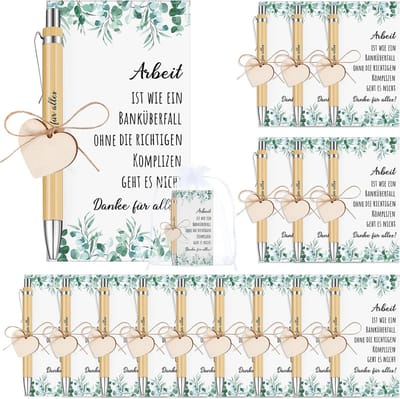 SnelShoppen - 15 Sets Cadeaus voor Collega's, Houten Pennen Gegraveerd, Hartvormige Houten Plaatjes, Bedankkaarten, Organza Tassen, Jute Touw voor Wer