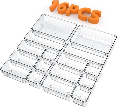 Doorzichtige Lade-organizers Set van 16 Stuks voor Make-up, Sieraden en Kantooraccessoires