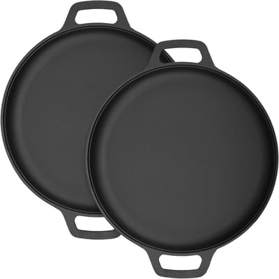 Gietijzeren vuurplaat met druipbescherming en handvat, diameter 28 cm, hoogte 4 cm, ideaal voor barbecue, kamperen en grillen