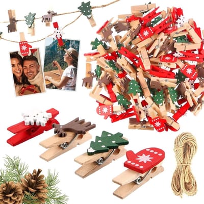 50 houten kerstclips, mini houten knijpers voor decoratie, foto's en kerstversiering - 50 stuks