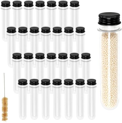 Set van 30 Transparante Plastic Proefbuizen 45 ml met Zwarte Schroefdop voor Bloemen, Snoep, Zaden en Knutselmateriaal