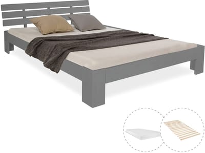 Homestyle4u Tweepersoonsbed - 140x200 cm - Houten bed - met matras en lattenbodem - Grijs