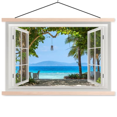Posterhanger incl. Poster 150x100 cm - Schoolplaat - Doorkijk - Boom - Zee - Palmboom - Heuvels - Strand - Blauw - Textielposter - Blanke latten