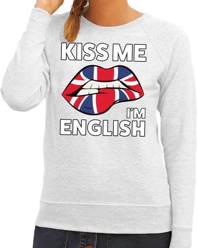 Kiss me I am English sweater grijs dames - feest trui dames - Engeland kleding XS