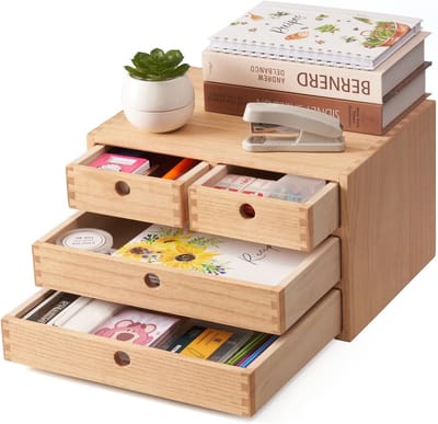 Bureau-organizer van paulownia-hout, 35 x 27 x 21,5 cm, ladebox met 4 laden, stapelbare documentenhouder voor A4-papier, kantoor en thuiskantoor, natuur