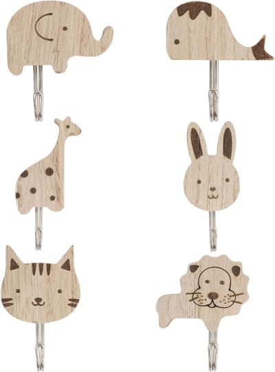 Set van 6 Schattige Houten Dieren Wandhaken voor Kinderen - Zelfklevende Kledinghaken voor Kinderkamer, Badkamer en Keuken