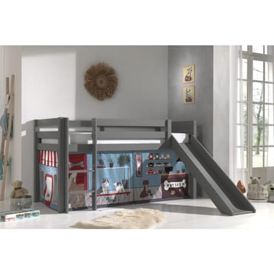 LUCEVI - Pino Halfhoogslaper H115CM + Ladder + Glijbaan + Pet Shop Gordijntjes - Grijs - 90x200 cm