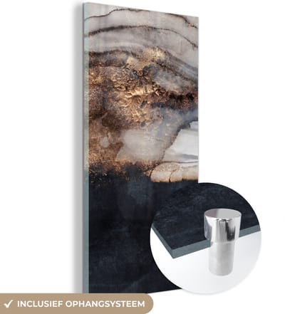 MuchoWow® Glasschilderij 60x120 cm - Schilderij acrylglas - Storm - Goud - Abstract - Foto op glas - Schilderijen