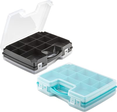 Forte Plastics - 2x opberg vakjesdoos/Sorteerboxen - 21-vaks kunststof - 28 x 21 x 6 cm - zwart en blauw
