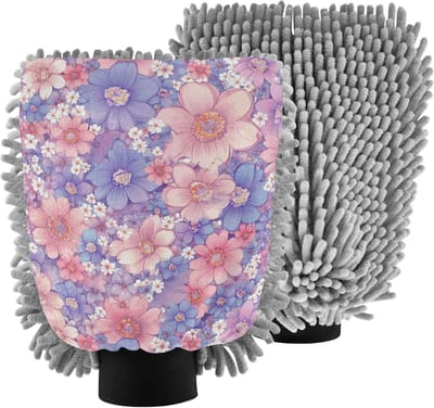 Washandschoen Auto - Schoonmaak Mitten - Auto Reinigen - Krasvrije Microvezel - 2 Maten - Bloemenpatroon