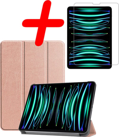 Hoesje Geschikt voor Apple iPad Pro (2022) - 11 inch - 4e generatie - Met Screenprotector - Trifold Bookcase - Hard Cover - Hardcover Book Case - Tablet Hoes - Rosé goud