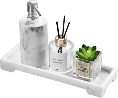 Badkamer Organiser voor Toilettank en Dressoir, Wit Marmeren Opbergtray voor Zeep, Parfum en Sieraden, 11 x 4 inch Rectangular Design