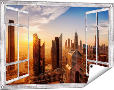 Gards Tuinposter Doorkijk Dubai Stad bij Zonsopgang - 90x60 cm - Tuindoek - Tuindecoratie - Wanddecoratie buiten - Tuinschilderij