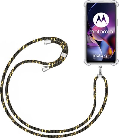 Telefoonkoord + Hoesje Geschikt voor Motorola Moto G54 - Lengte Verstelbaar - Telefoonketting - Shock Proof Case - Zwart Goud