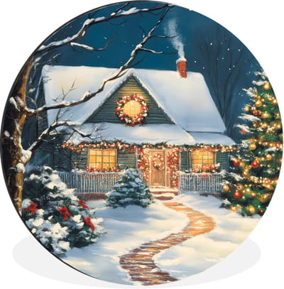 WallCircle - Wandcirkel - Muurcirkel - Kerst - Kerstboom - Winter - Huis - Sneeuw - Aluminium - Dibond - 60x60 cm - Binnen en Buiten