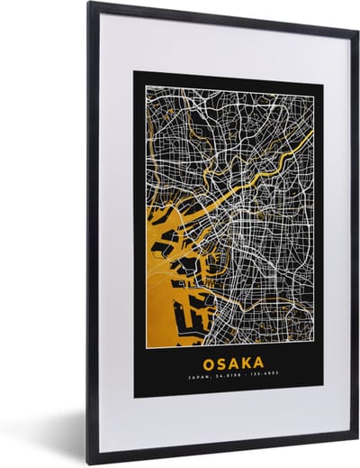 Fotolijst incl. Poster - Osaka - Kaart - Stadskaart - Plattegrond - Goud - 40x60 cm - Posterlijst