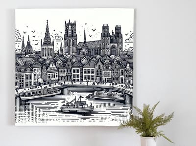 Doodle groningen schilderij | Groningen's Doodle Delight: An Artistic Ode to City Life | Kunst - 30x30 centimeter op Dibond | Foto op Dibond