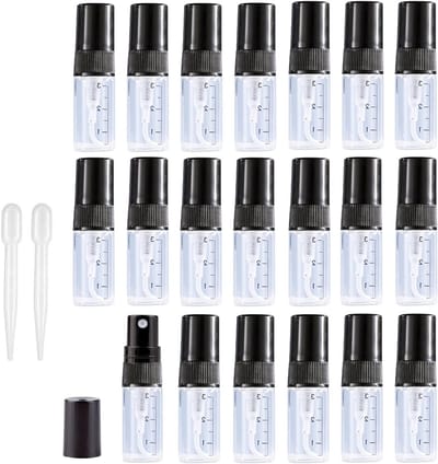Set van 20 Lege 3ml Glazen Sprayflessen met Schaal - Mini Atomizers voor Parfum, Essentiële Olie en Reisgebruik met Fijne Mist en Zwarte Stofkap