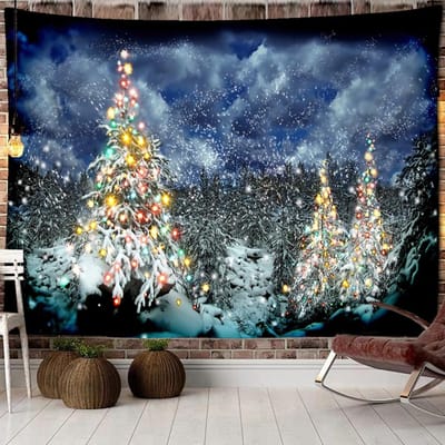Tapisserie murale suspendue de scène de neige en bois de noël, cadeau de nouvel an, rideau de lit de Style bohème, décoration de dortoir pour la maison 95x70cm