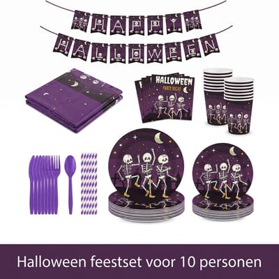 Ryoudavell - Halloween Versiering Feestpakket - delige Wegwerp Servies Set voor 10 Personen - Inclusief Papieren Borden, Bekers, Tafelkleed, Bestek en Banner - Gecoördineerd Griezel Design