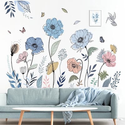 Boheemse Bloemenmuursticker met Vlinders - Decoratieve Wandkunst voor Woonkamer en Slaapkamer, Perfect voor een Kleurrijke Interieurstijl