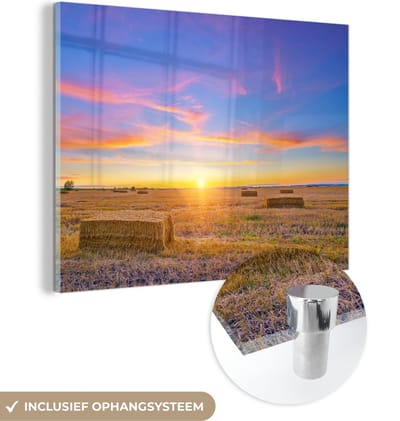 MuchoWow® Glasschilderij 40x30 cm - Schilderij acrylglas - Stro - Zon - Lucht - Landschap - Foto op glas - Schilderijen