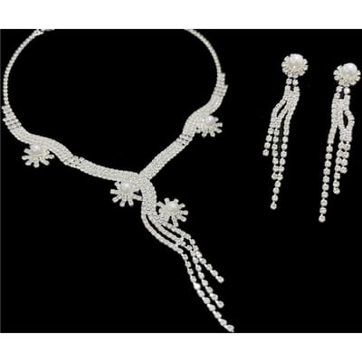 Mode Flits Diamant Bloem Bruids Ketting Oorbellen Set Ketting Bruidsjurk Jurk Accessoires, Volledige Diamant Set wit