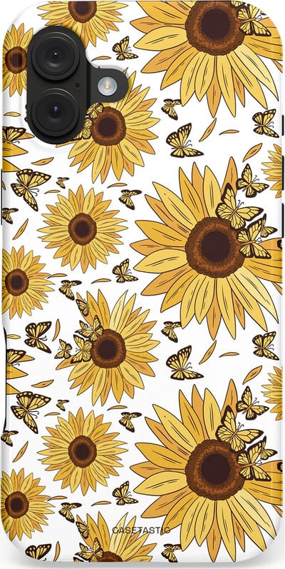 Casetastic hoesje geschikt voor Apple iPhone 16 Plus - MagSafe - Dubbellaagse bescherming - Zonnebloem Zomer met vlinders - Fashion Case - Goud Beige Wit