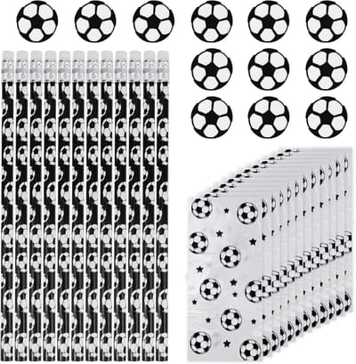 12 Stuks Schattige Voetbalpotloden en Sportthema Gummetjes, HB Houten Potloden met Voetbalthema voor Kinderen en Schoolfeestjes