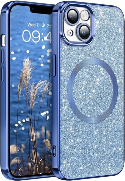 Hoesje Geschikt voor iPhone 15 Magsafe hoesje Blauw - Lens beschermer glitter backcover