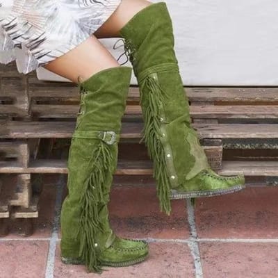Heren Dames Laarzen Mode Bohemia Kniehoogte Etnische Persoonlijkheid Hoge Kwasten Kunstsuède Meisje Platte Bodem Lang Botas Mujer 38 gray