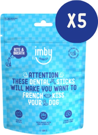 Imby Dental Sticks Hondensnacks - 5 X 100 gr - Hondensnoepjes met munt en peterselie - kauwstaafjes Hond - Kauwsnacks voor hond - Hypoallergeen - 500gr